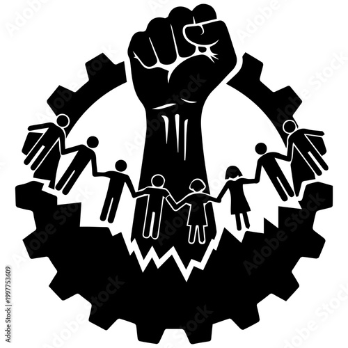 Solidarity labor union icon with raised fist and workers
