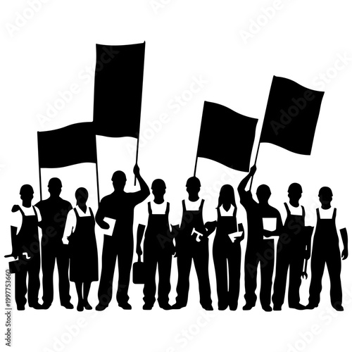 workers unity silhouette, labor day, protest flags