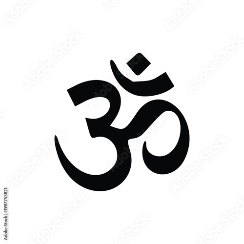 A black Om symbol, a sacred spiritual icon in Hinduism, Buddhism, Jainism, and Sikhism, on a white background.