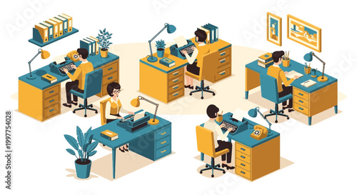 Mid century office scene with vector graphics of people working