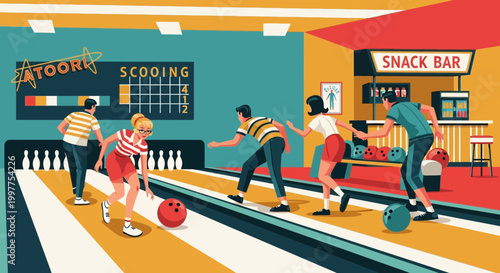 Friends enjoy bowling mid century style vector graphics at a lively alley