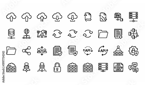 Data exchange outline icon set with editable stroke cloud server file transfer and network traffic symbols collection