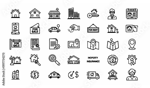 Real estate outline icon set with editable stroke property buying renting house and home symbols collection