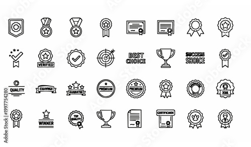 Quality and success outline icon set with editable stroke badge award certification and achievement symbols collection