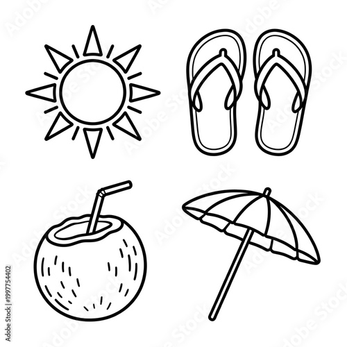 illustration vector line art set of summer elements, sun, flip flops, coconut drink, beach ball, umbrella, isolated on white