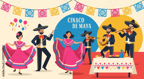 Vibrant mid-century vector illustration of people dancing and playing music outdoors
