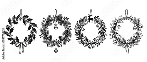 christmas wreath , chalk texture vector set