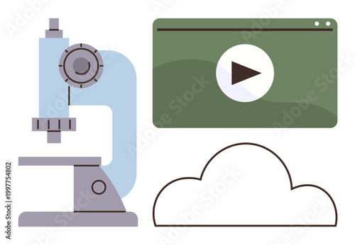Online education, scientific research, data cloud storage, virtual labs, technology integration, streaming video. Microscope, play button interface and cloud graphics. Online education