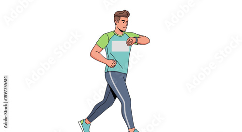 Man in athletic wear running and checking his smartwatch on a white background