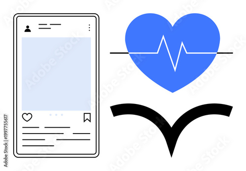Health monitoring, social networking, communication, lifestyle, internet technology, data sharing. A smartphone post interface next to a heart with an ECG line. Health monitoring and social