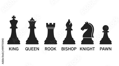 Set of black chess pieces including king queen rook bishop