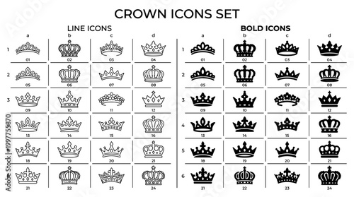 Collection of crown icons in line and bold styles