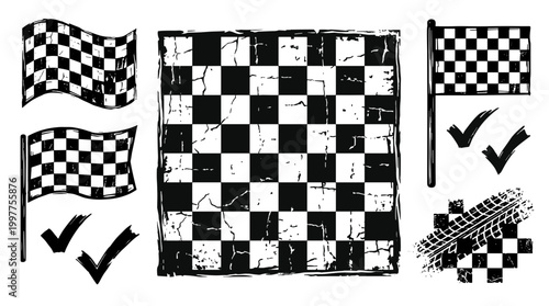 Chessboard with checkered pattern and game pieces