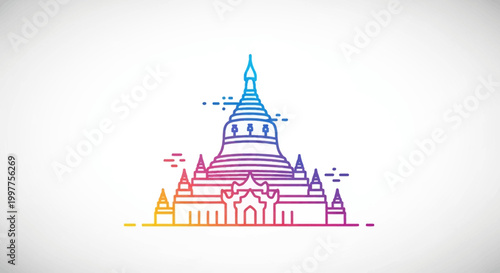 Colorful abstract line art of a Buddhist pagoda, symbolizing spirituality and travel.