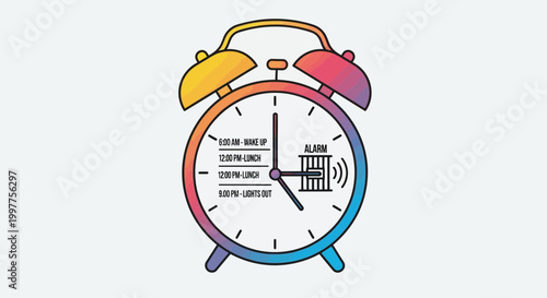 Colorful alarm clock with daily schedule, wake up, lunch, lights out