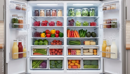 Open Refrigerator Full of Fresh Produce and Juices in Modern Kitchen