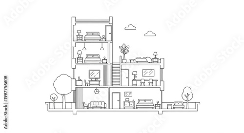 Modern House Cross Section Vector Line Art Illustration with Interior Rooms, Furniture, and Multi-Story Architecture Layout