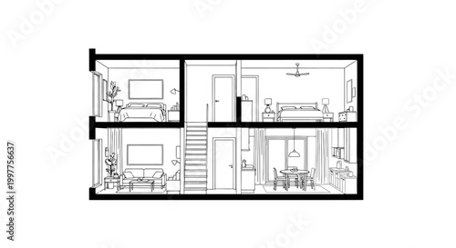 House Cross-Section Line Art Illustration - Two-Story Architectural Interior Floor Plan with Living Room, Kitchen, and Bedrooms