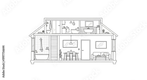 House Cross Section Architectural Line Art Illustration - Modern Interior Design Dollhouse View Drawing