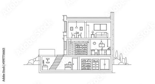 Modern House Cross Section Line Art Illustration - Architectural Interior Plan showing Basement, Kitchen, Living Room and Storage Spaces for Home Organization and Design