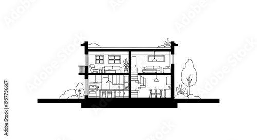 Modern Two-Story House Cross-Section Illustration, Minimalist Architectural Cutaway Floor Plan with Interior Furniture and Green Roof