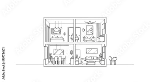 Modern House Interior Cross-Section Line Art Vector Illustration showing Two Floors with Furniture