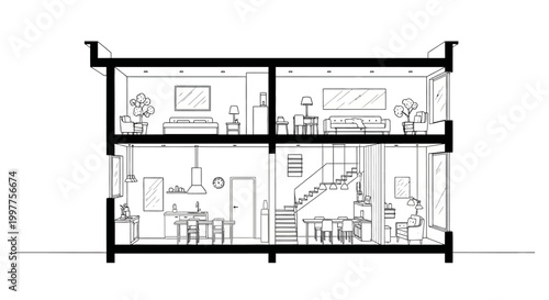 Architectural Cross Section of a Two-Story House Interior Line Art Illustration