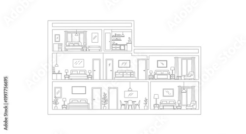 Minimalist Apartment Building Interior Cross-Section Line Art - Modern House Floor Plan with Multiple Rooms and Furniture Outlines for Architecture and Design Projects