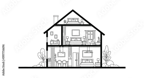 Minimalist House Cross-Section Line Art Illustration showing Interior Layout and Furniture of a Two-Story Residential Building