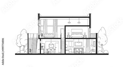 Modern House Architectural Cross-Section Line Art Drawing - Detailed Interior Cutaway View