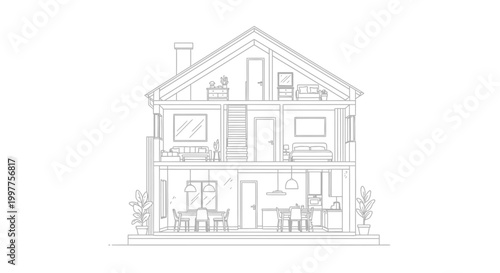 House Cross Section Line Art Illustration - Detailed 3-Story Home Interior with Furniture, Coloring Page Style Architectural Cutaway on White Background