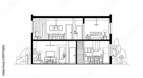 Architectural Cross-Section of a Two-Story House, Minimalist Line Art Interior Design Illustration for Coloring