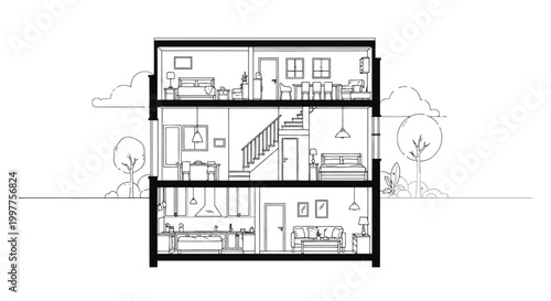 Three-Story House Cross-Section Line Art Illustration, Modern Residential Interior Design Layout and Architectural Floor Plan Drawing