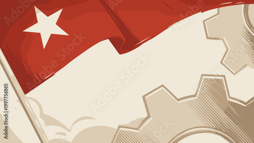 Stylized illustration of a red flag with a white star waving over industrial gears, evoking themes of communism, labor, and revolution.