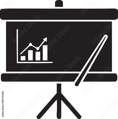 Black and white presentation easel with bar and line graph, analytics