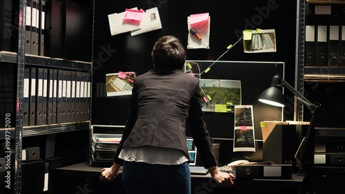 Bilde på lerret Detective conducts clandestine operation in police agency, trying to connect the dots between forensic evidence and surveillance materials