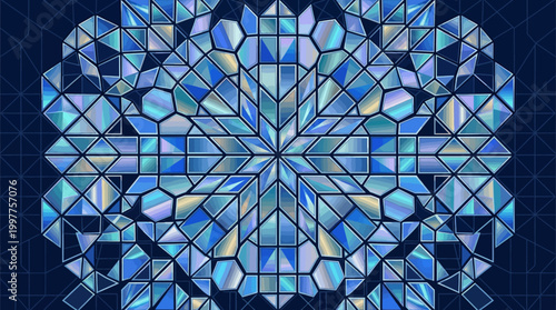 Abstract Geometric Blue Stained Glass Mosaic Pattern.