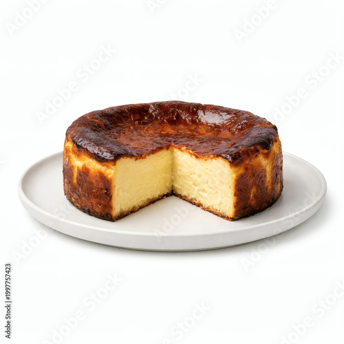 Basque Burnt Cheesecake on White Background for Gourmet Dessert Menu