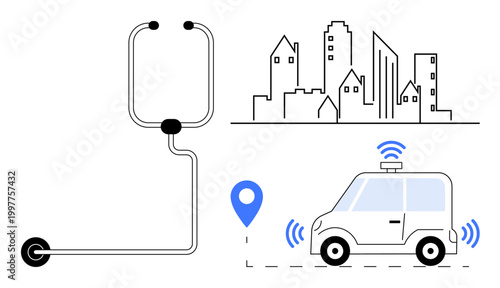 Urban mobility, electric transport, autonomous vehicles, technology evolution, smart cities, green transportation. ion of a scooter wire, buildings and a connected car. Urban mobility and electric