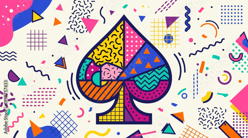 Colorful spade playing card suit symbol with geometric Memphis style patterns.