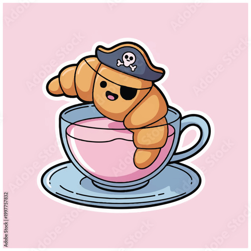 Cartoon croissant wearing pirate hat.