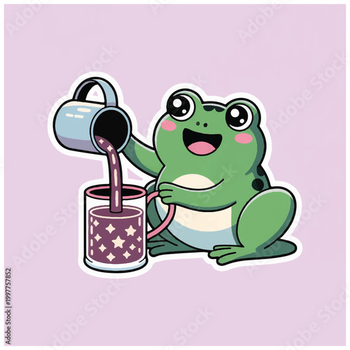 Cartoon frog pouring drink from jug.