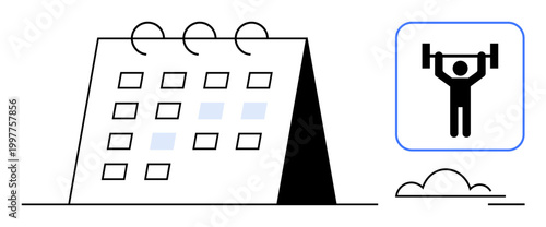 Time management, fitness tracking, gym scheduling, exercise goals, health planning, productivity. A calendar with marked dates and a workout icon showing weightlifting. Fitness tracking and gym