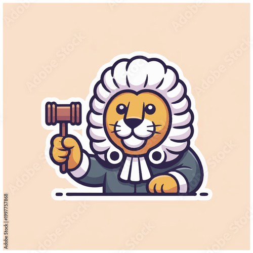 Cartoon Lion Wearing Judge Robes Holding Gavel.