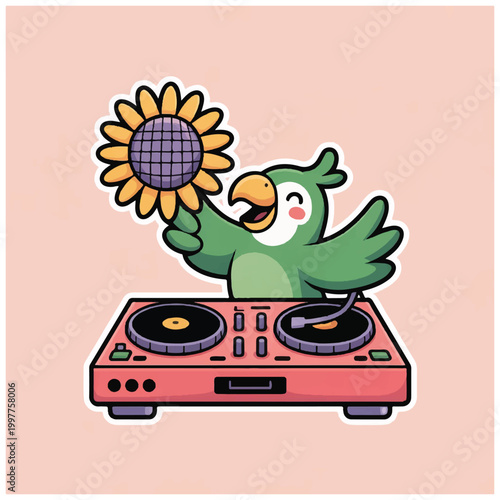 Green parrot holding sunflower on turntable.