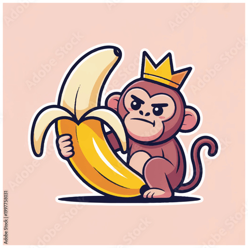 Monkey wearing crown holding banana.