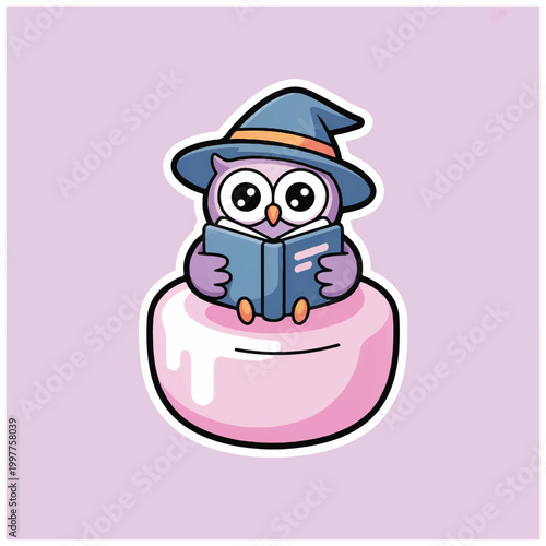 Owl wearing a witch hat reading.