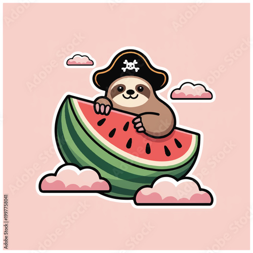 Otter Wearing Pirate Hat Eats Watermelon.
