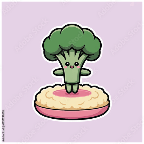 Smiling cartoon broccoli vegetable character standing.