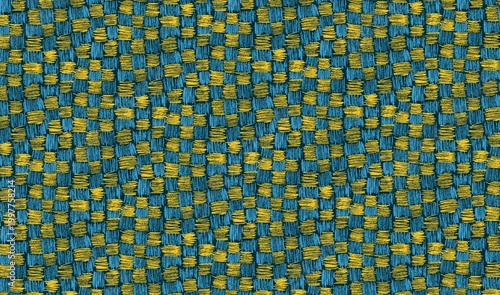 Detailed abstract hand drawn texture featuring small blue and yellow checkered scribble blocks